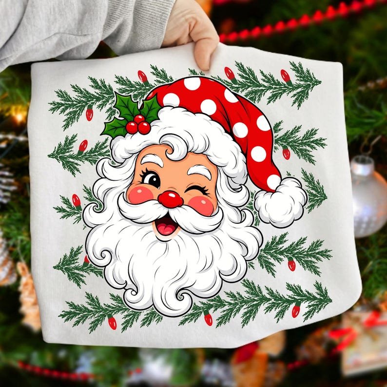 Retro Santa Polka Dot Sublimation Design on a trendy Christmas T-shirt
