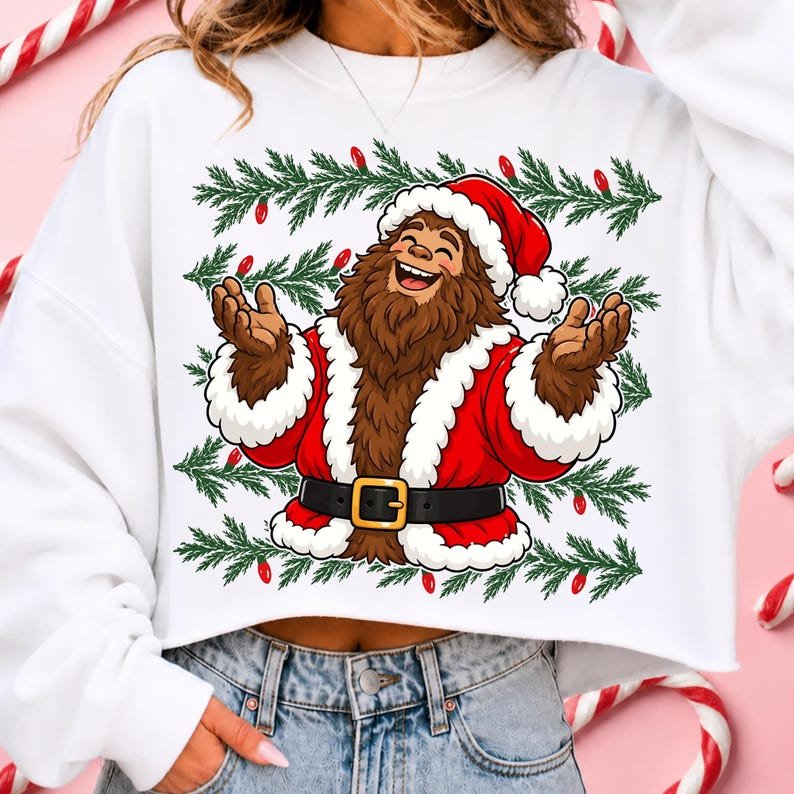 A close-up of a festive Christmas-themed t-shirt design featuring a cute graphic