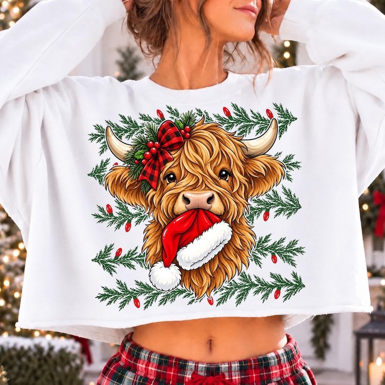 Highland Cow wearing Santa hat festive western sublimation graphic
