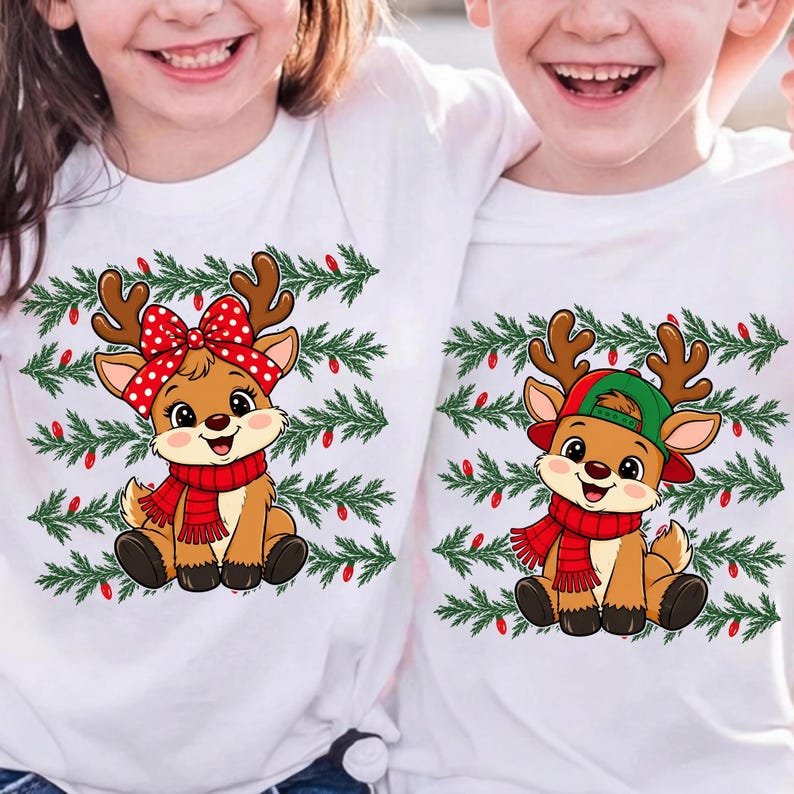 Cute Reindeer Boy and Girl Sibling Christmas Sublimation Design