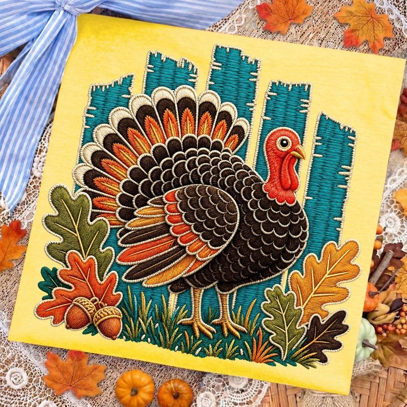 Vintage Embroidery Style Thanksgiving Turkey PNG Design