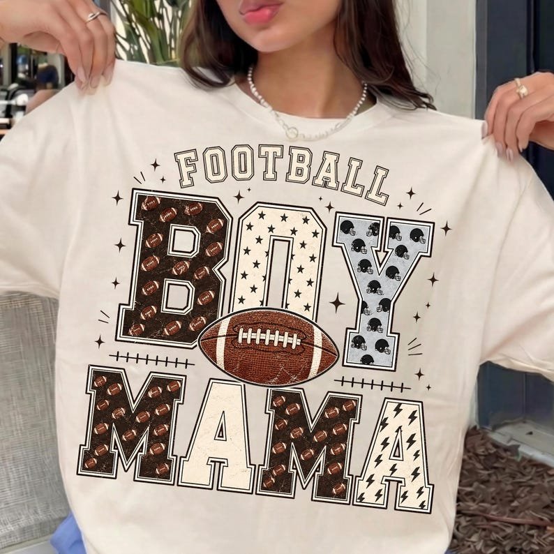 A stylish woman wearing a custom football mom t-shirt at a stadium