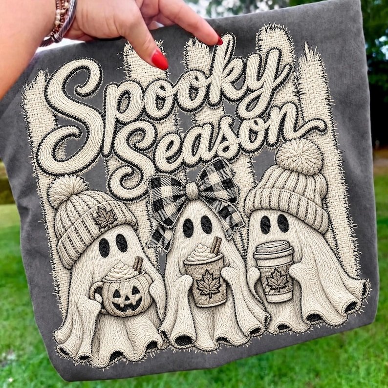 Retro Spooky Season Ghost PNG design on a cozy fall coffee shirt