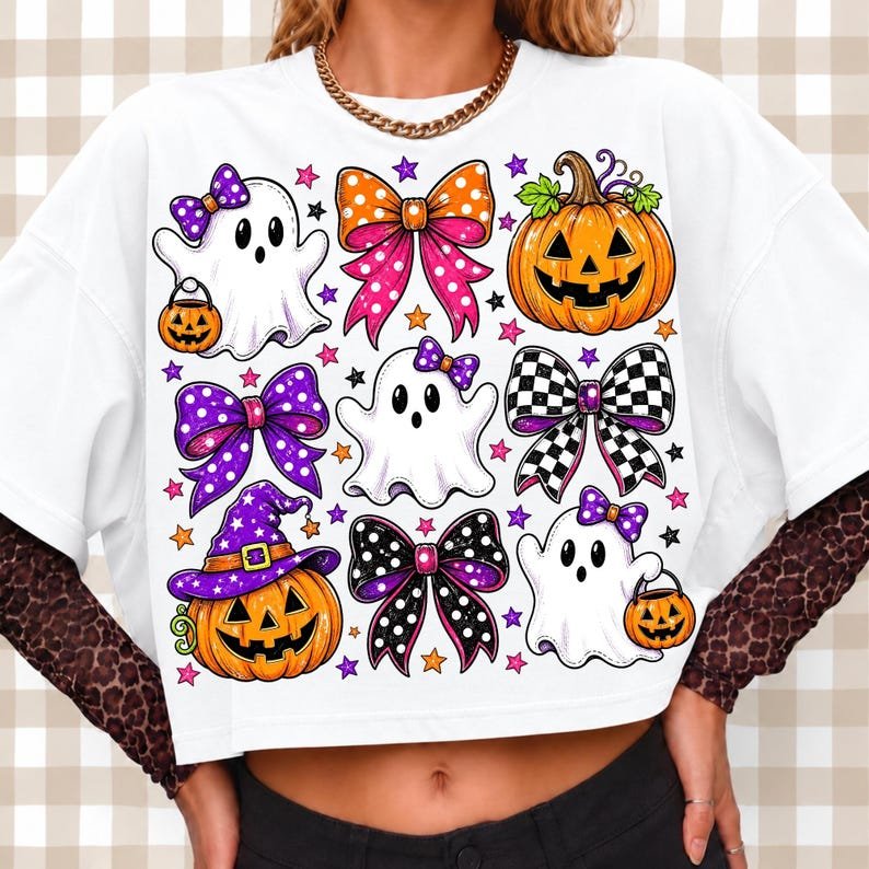 Cute aesthetic Halloween ghost with bow graphic