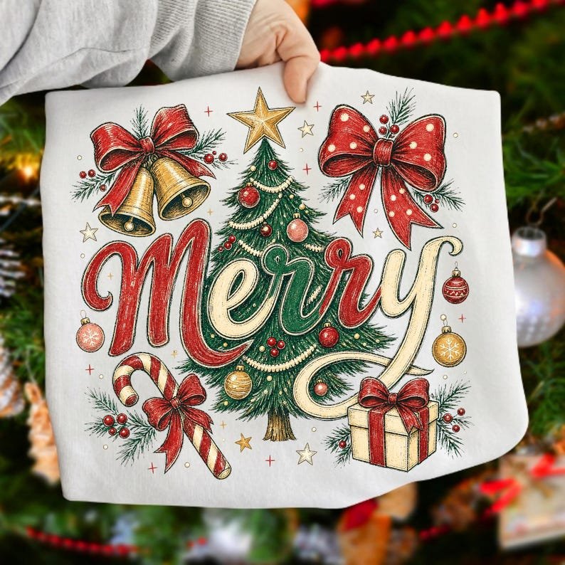 Retro Christmas Tree Bow Sublimation Design on a white background