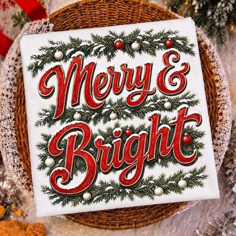 Vintage Merry and Bright Christmas sublimation design on a t-shirt