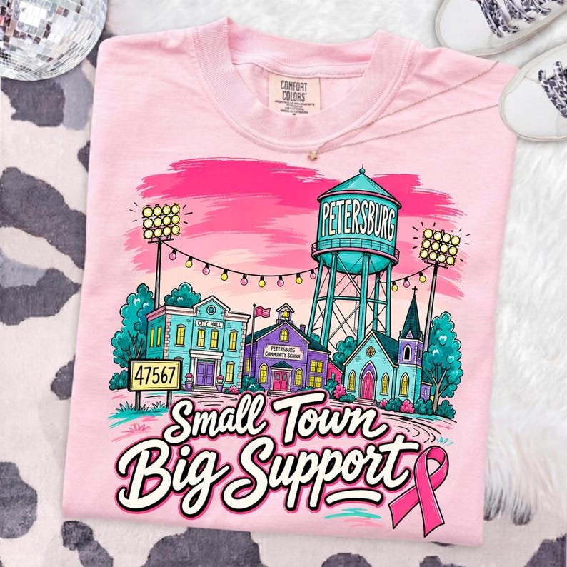 Custom 'Small Town Big Support' Pink Out Breast Cancer Awareness T-shirt Design Mockup