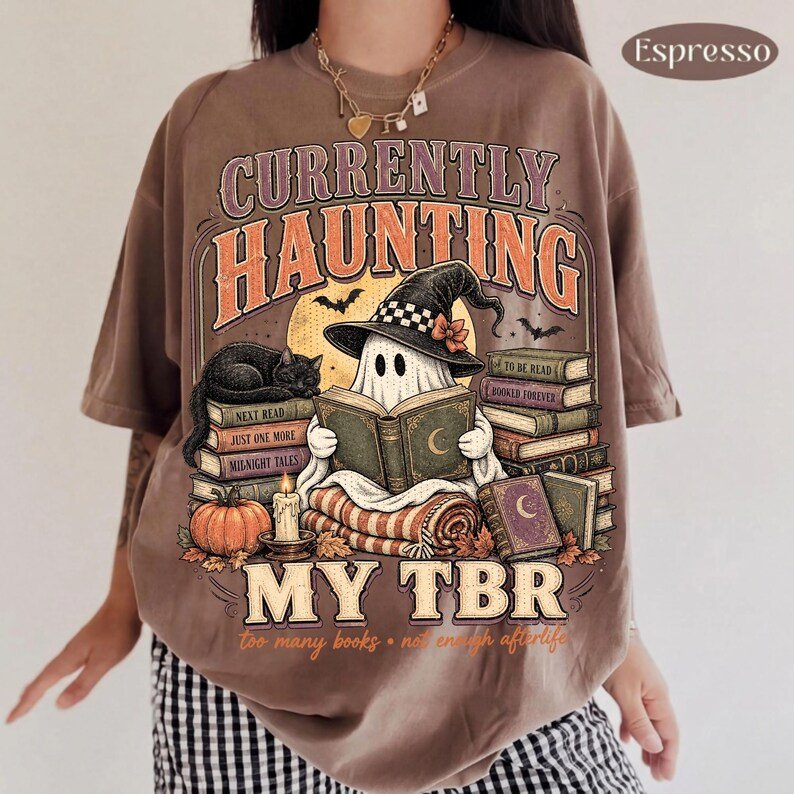 Currently Haunting My TBR ghost sublimation design on a bookish t-shirt