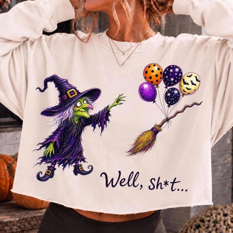 Funny Halloween Witch Lost Balloon PNG on a T-shirt