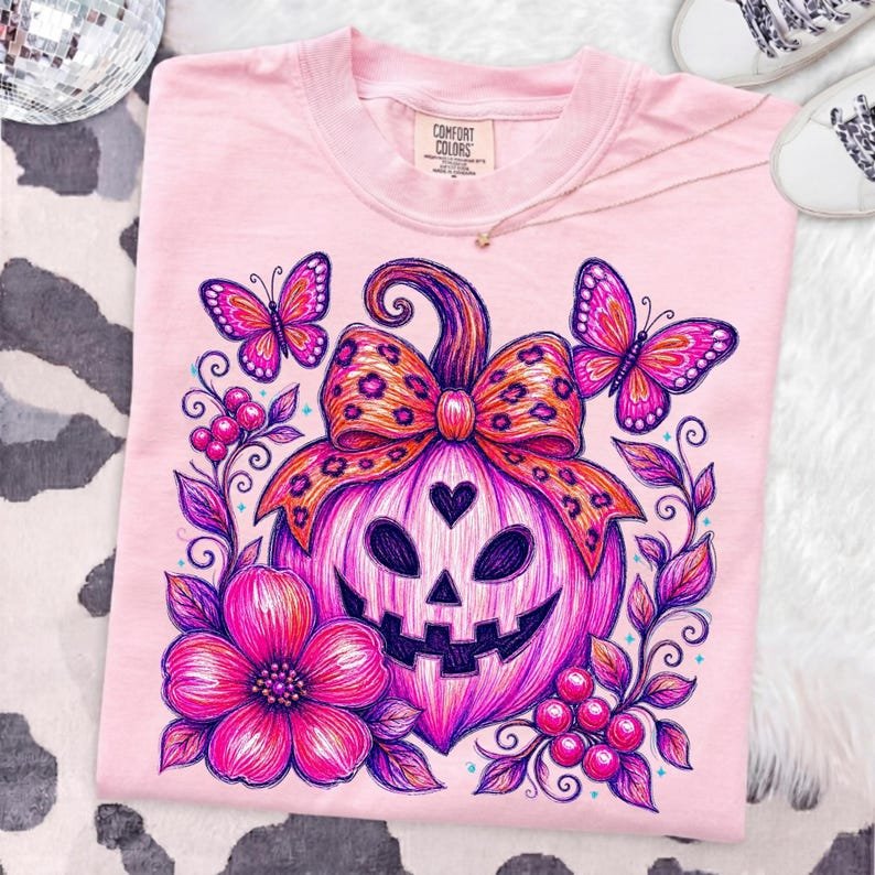 Pink Leopard Pumpkin PNG with Floral and Butterfly Accents