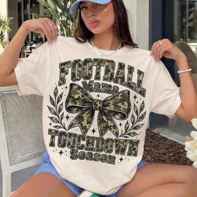Vibrant Football Mama Bow PNG design featuring camouflage print and football details, perfect for game day sublimation.