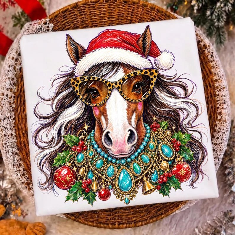 Christmas Horse PNG Western Sublimation Design with Leopard Glasses