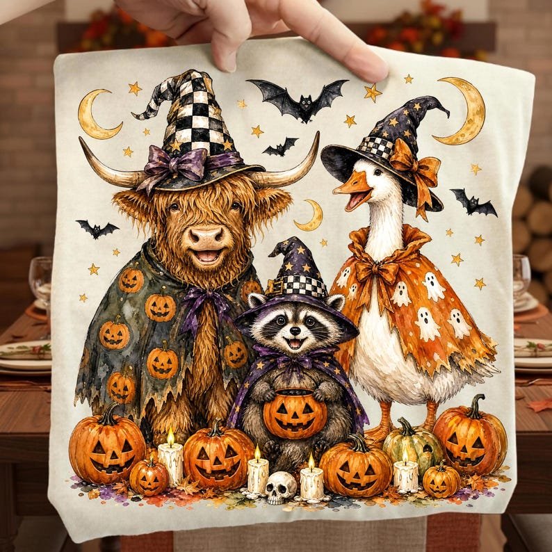 Cute Halloween Animals Witch Goose and Highland Cow PNG Design