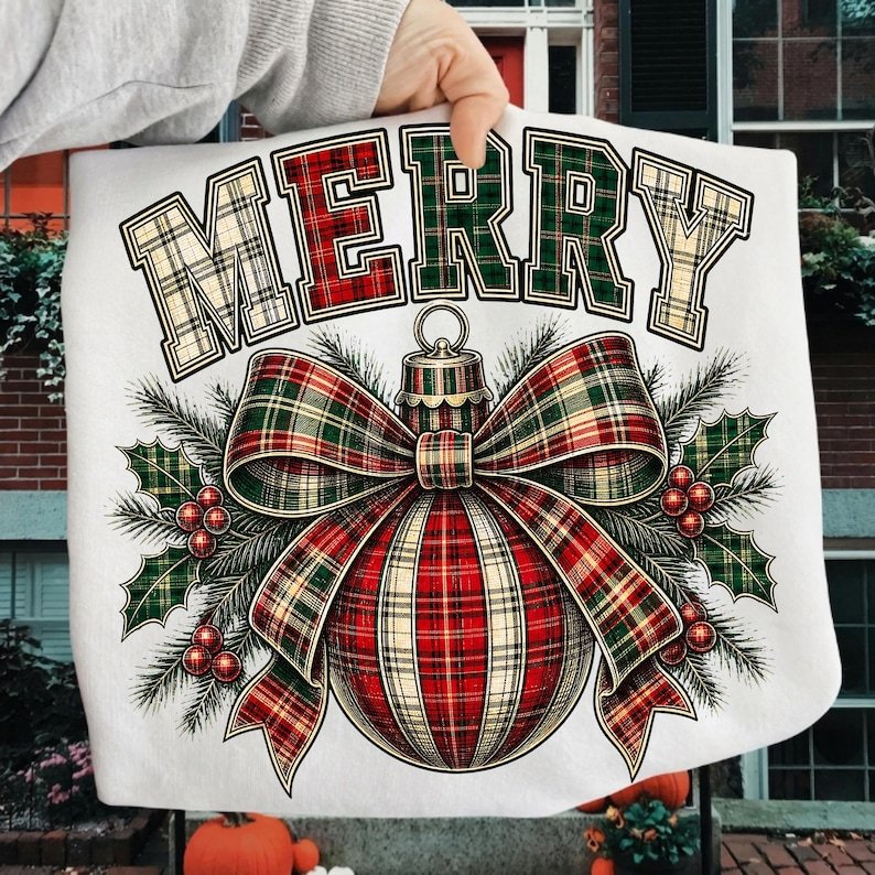 Retro Merry Christmas Plaid Ornament Sublimation PNG Design