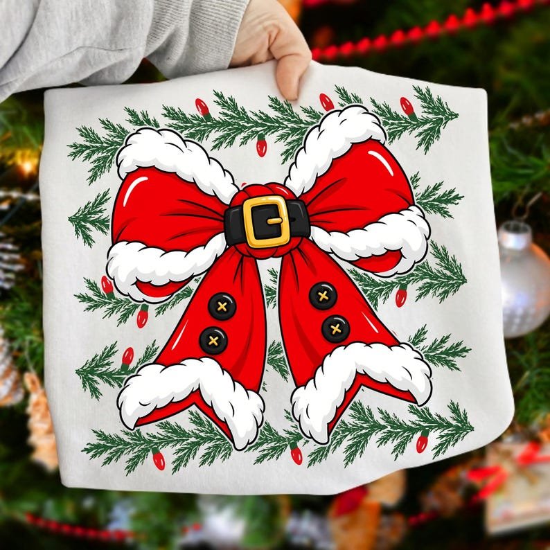 Retro Santa Bow PNG design on a white t-shirt