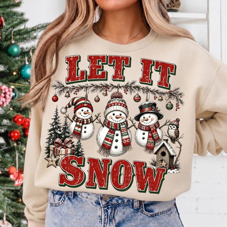 Vintage style snowman Christmas sublimation design on a cozy sweatshirt