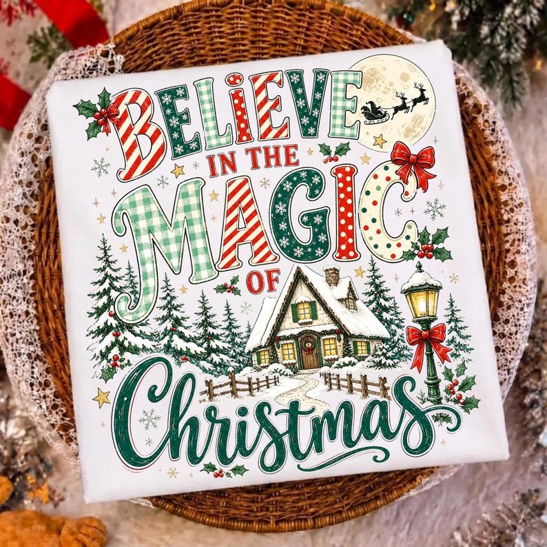 Retro Christmas Cottage Sublimation Design on a white t-shirt