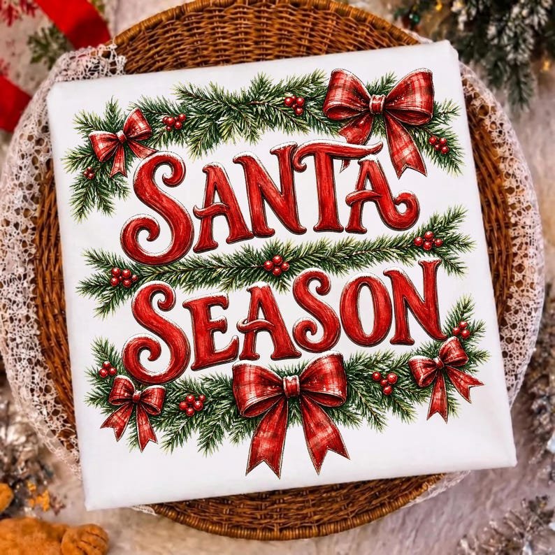 Vintage Santa Season Red Plaid Bow Christmas Sublimation Design