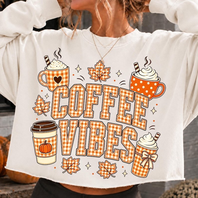 Fall Coffee Vibes PNG with Orange Gingham Pumpkin Spice Latte Design